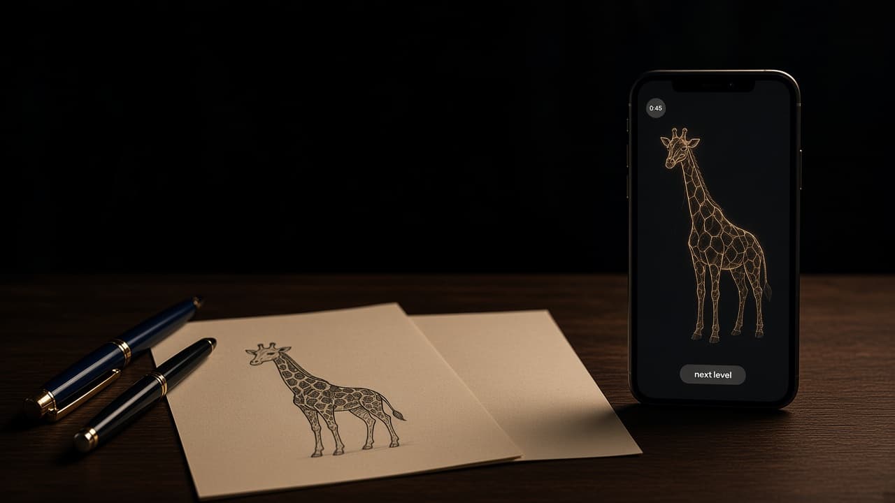 DrawVersus duel on two phones: a giraffe sketch reconstructing while the other player guesses