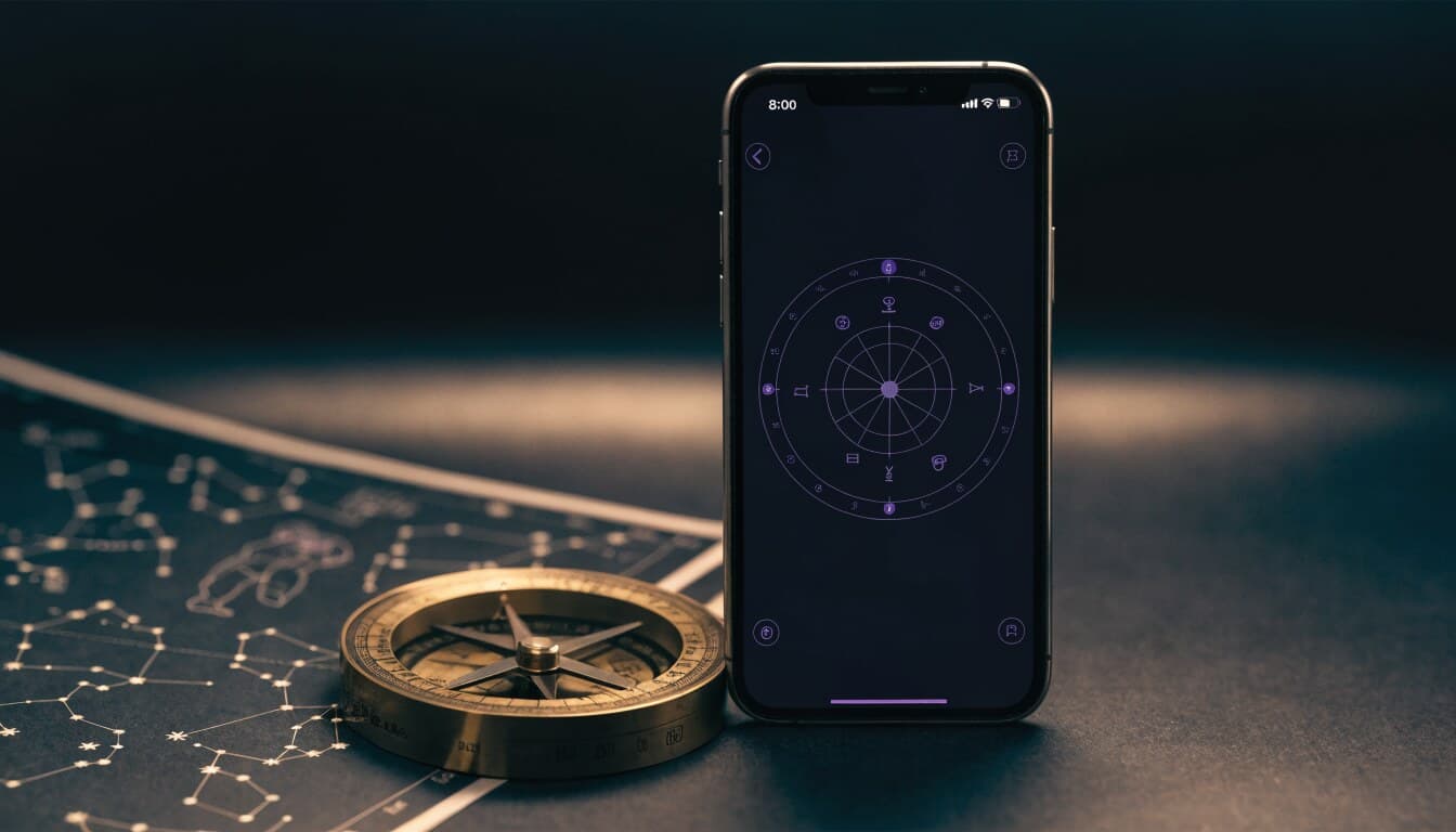 Brass compass and star chart print in half-light next to an iPhone showing FableAstro today view